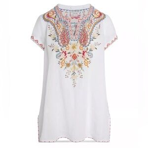 Johnny Was Large Workshop Tikal Tunic Top White Floral Embroidered